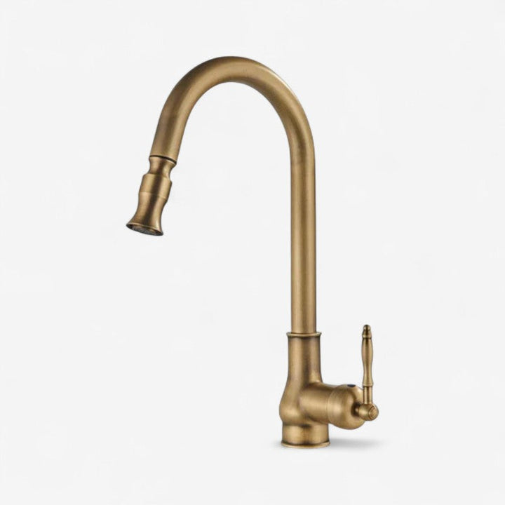 Classic gold brass kitchen faucet with flexible spout for easy sink access and antique style.