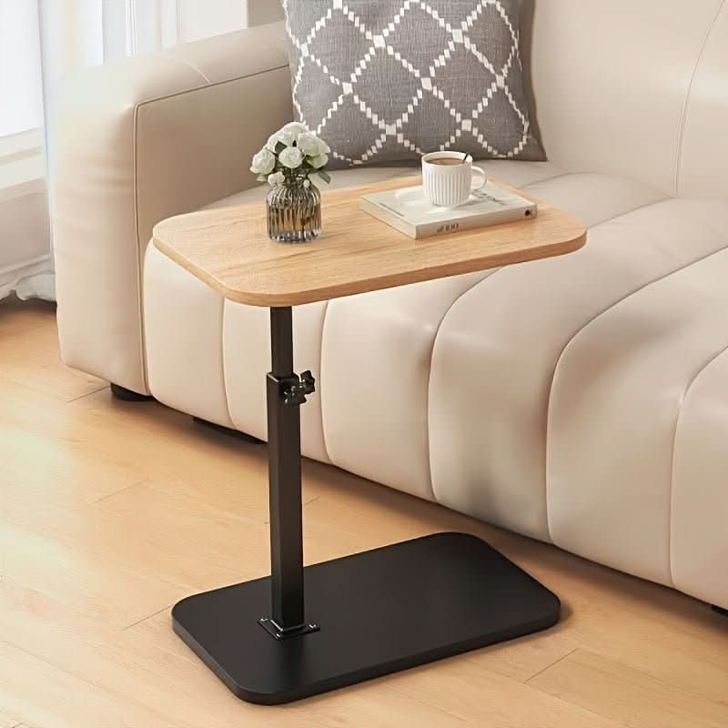 Compact metal wood side table, height adjustable & portable. Ideal bedside table or couch table.