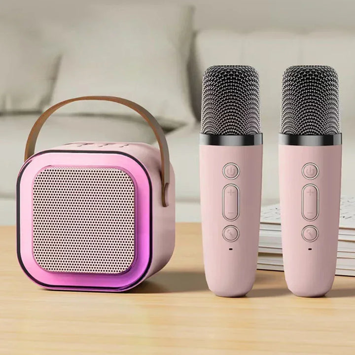 Portable wireless karaoke machine with Bluetooth speaker, dual mics, & LED lights. Ideal music player for parties.