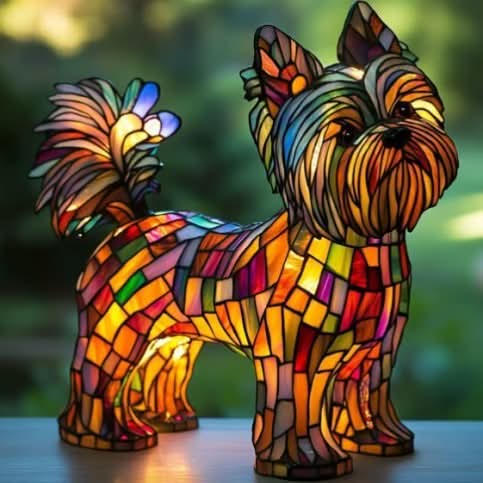 Artful stained glass dog LED lamp. USB powered home decor, unique gift for dog owners.