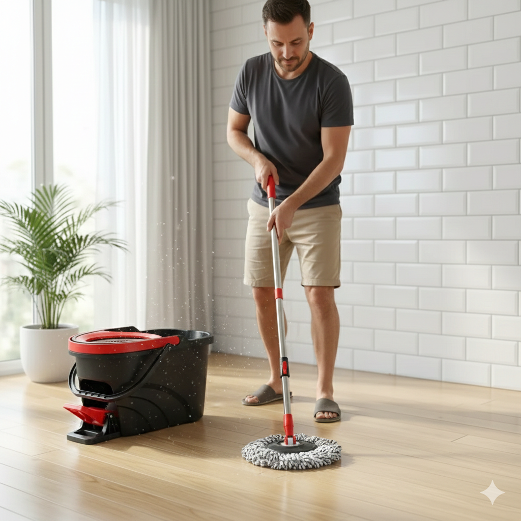 Complete household floor care system: spin mop with durable bucket for effective, easy cleaning of all hard floors.