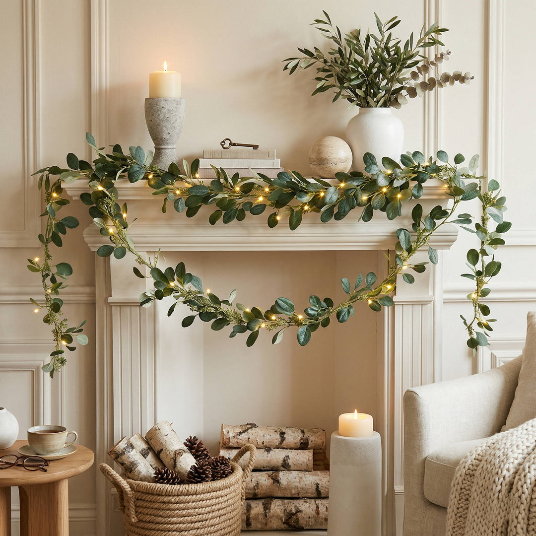 Artificial olive leaf LED garland for indoor & outdoor decor. Battery operated, flexible wire lights, greenery.