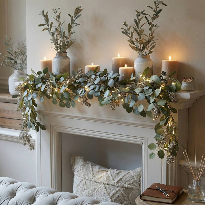 Greenery olive leaf LED garland. Battery operated, flexible wire. Ideal for year-round indoor/outdoor ambiance.
