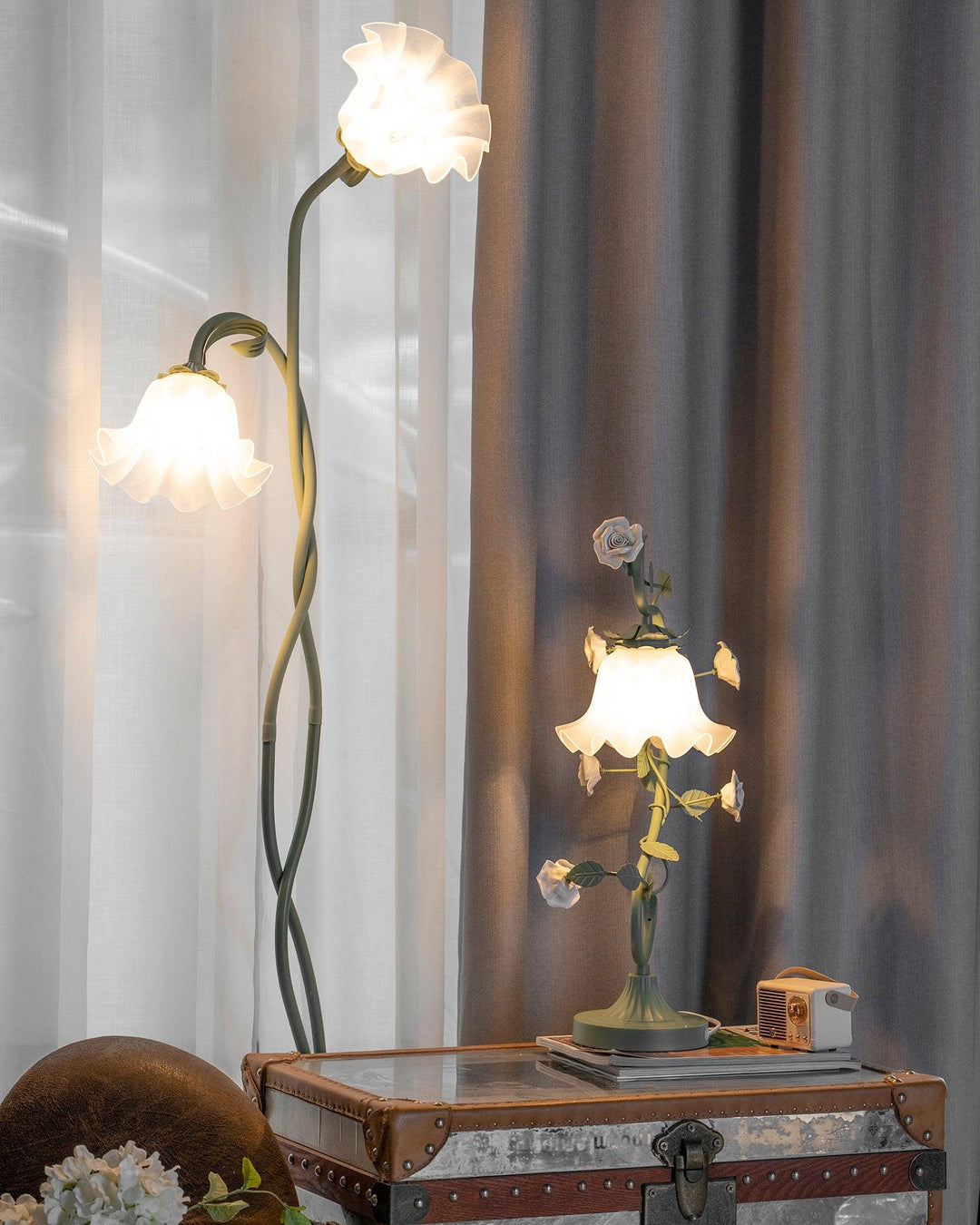 Stylish green floral floor lamp, white shade, perfect for modern home decor lighting.