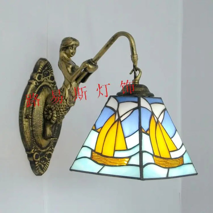 Mermaid-themed glass LED wall lamp, perfect living room accent & whimsical decor.