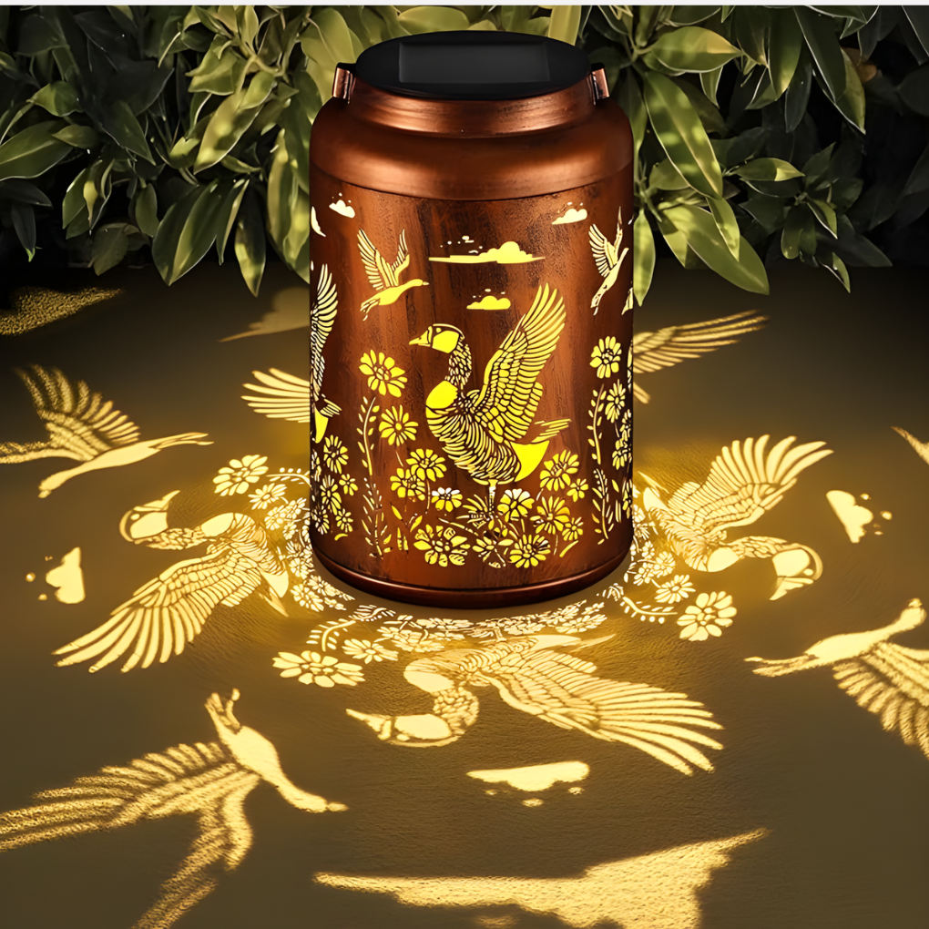 Decorative solar garden lantern, perfect for creating inviting outdoor spaces and patios.
