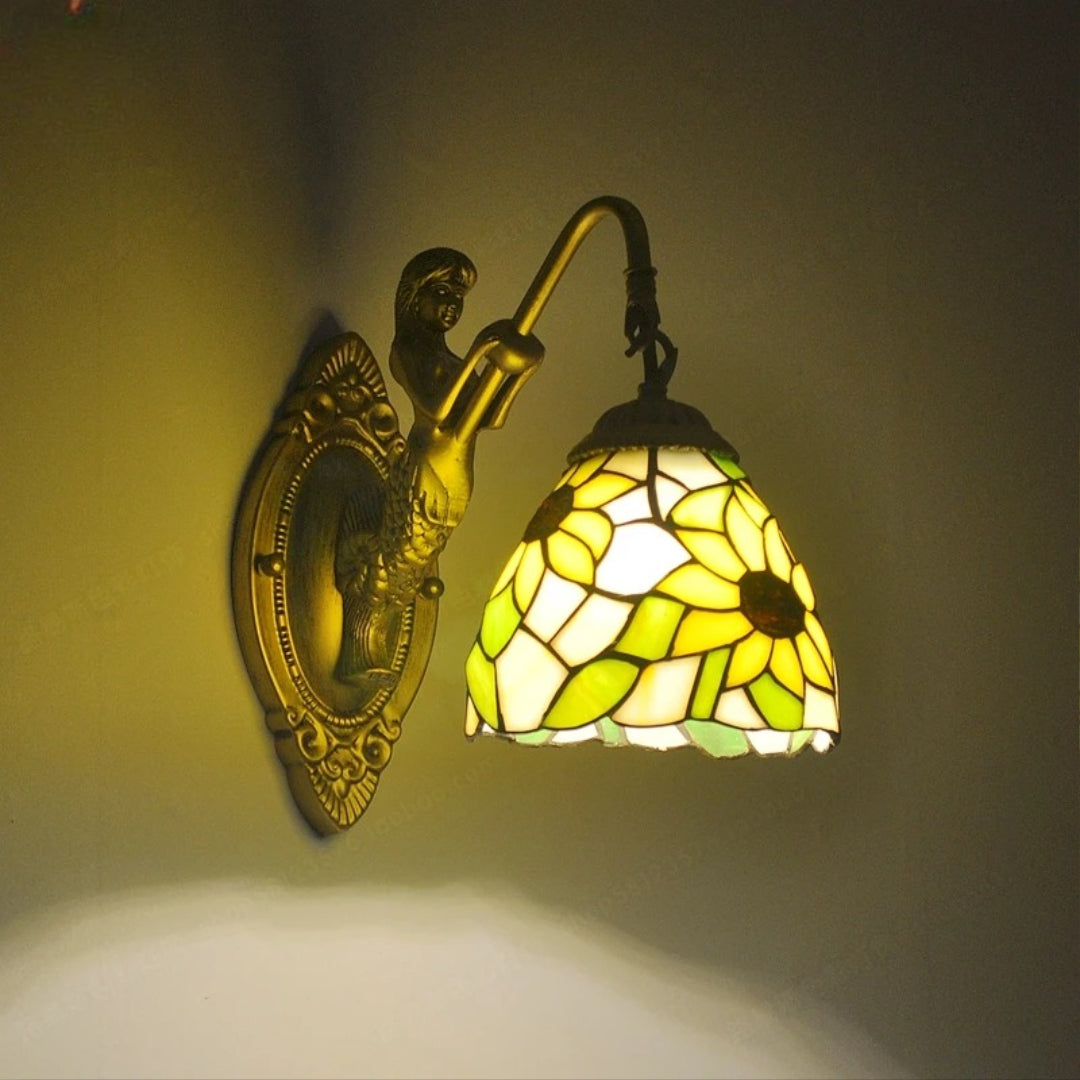 Unique stained glass LED wall lamp, mermaid design for artistic and decorative lighting.