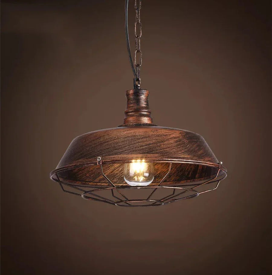 Stylish farmhouse pendant light, rustic iron fixture, ideal for ambient illumination.