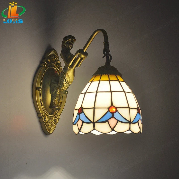 Mermaid Glass LED Wall Light, artistic stained glass lamp for unique home decor.