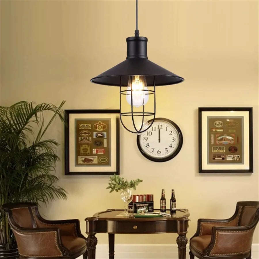 Farmhouse hanging lamp, vintage iron design, perfect ceiling light for home decor.