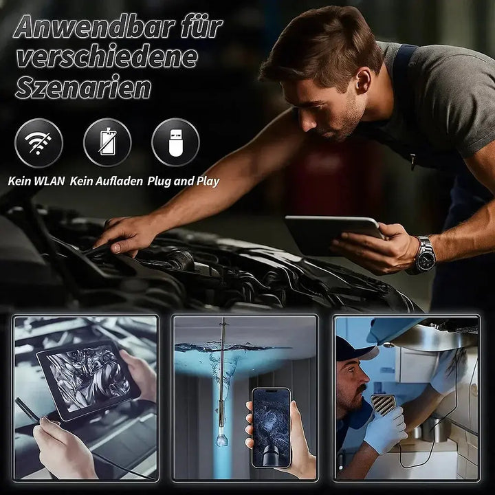 Waterproof snake camera for plumbing & automotive inspection, with LED lights & Android/PC compatibility.