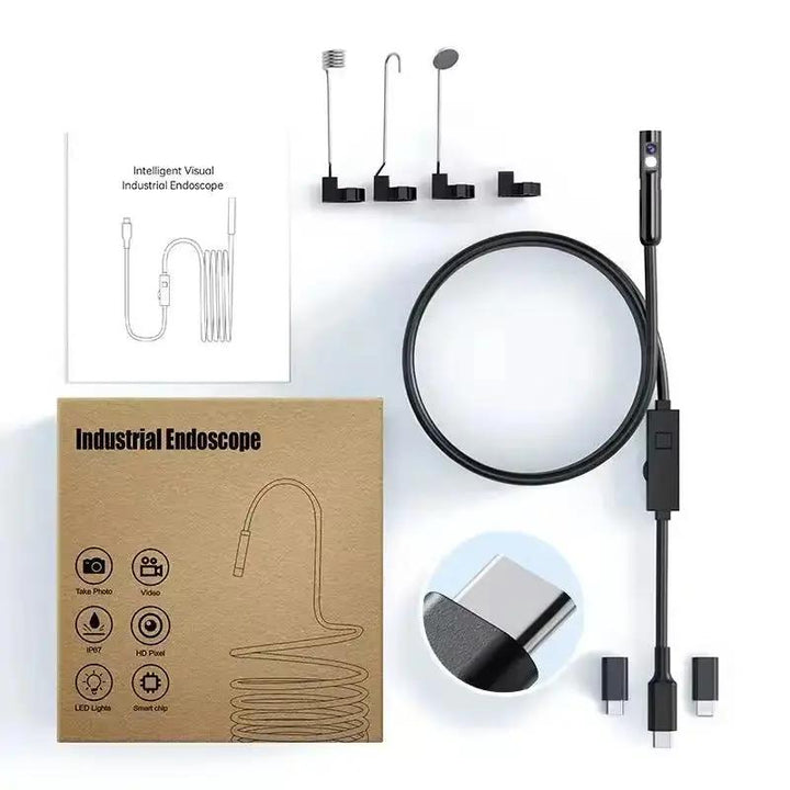 Waterproof automotive repair borescope with LED snake camera, USB for Android & PC diagnostics.