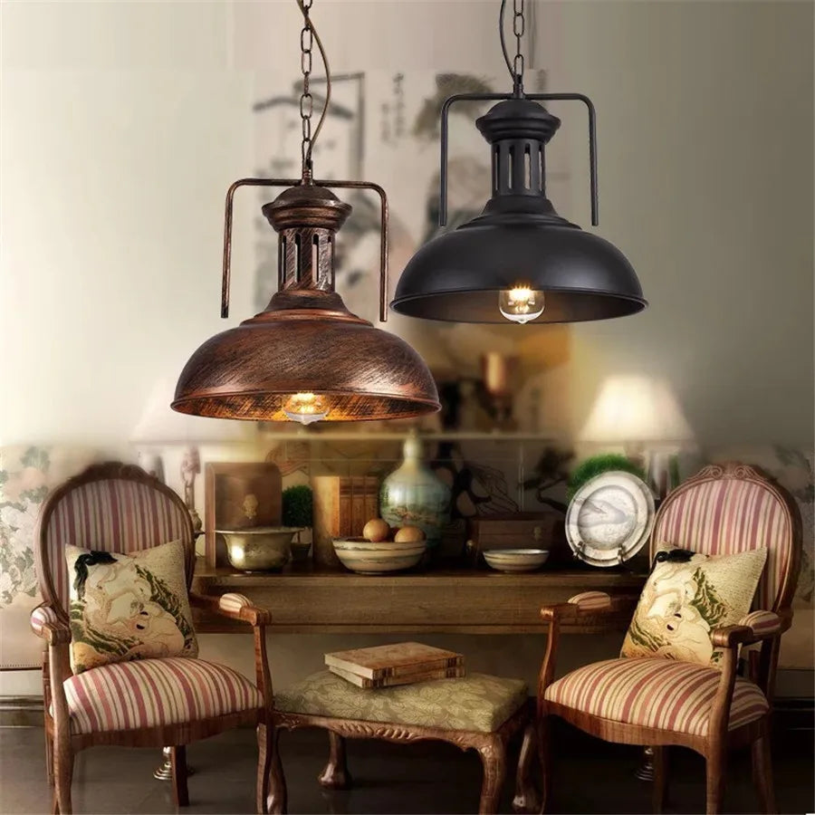 Elegant rustic iron pendant, farmhouse hanging lamp, great for living room decor.