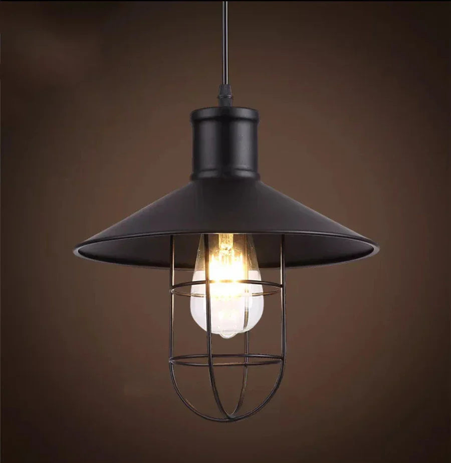 Classic rustic pendant light, black iron finish, adds a touch of vintage elegance.