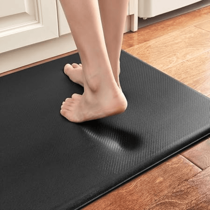 Durable, easy-clean kitchen floor mat, ergonomic anti-fatigue design for comfortable standing.