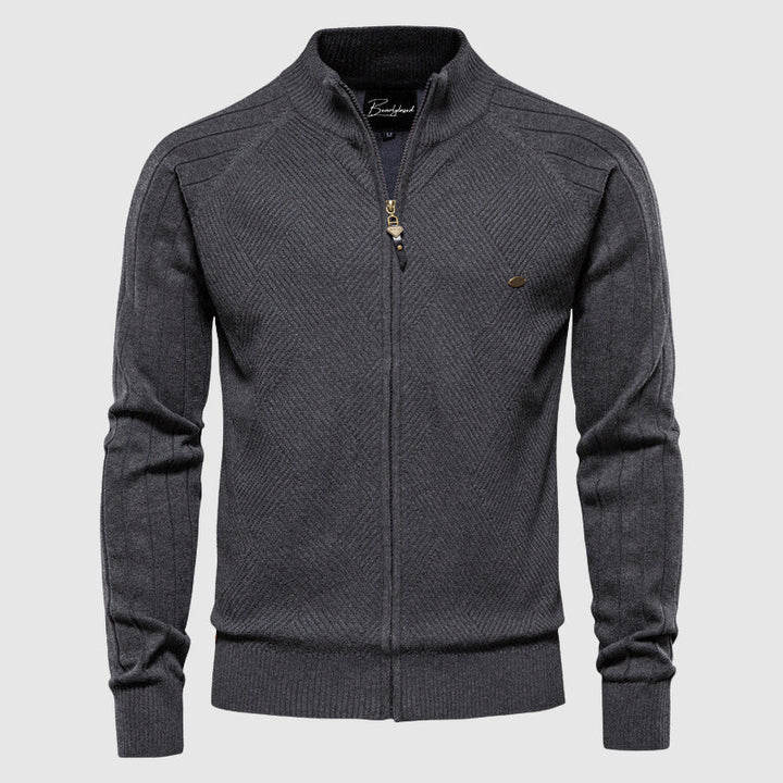 Modern patchwork men's slim fit turtleneck cardigan. Zipper sweater for urban style and sophisticated casual wear.