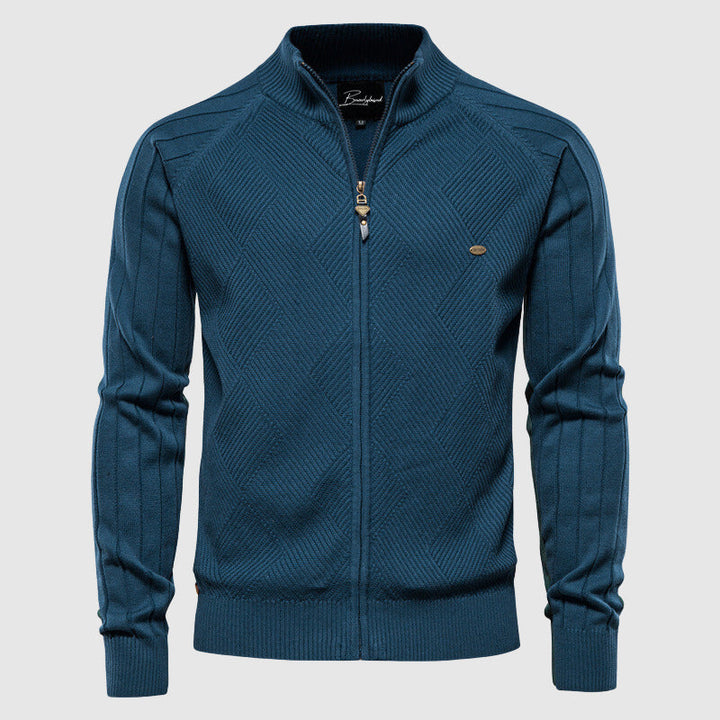 Men's slim fit turtleneck cardigan with a front zipper, showcasing a modern patchwork design. Ideal for stylish menswear.