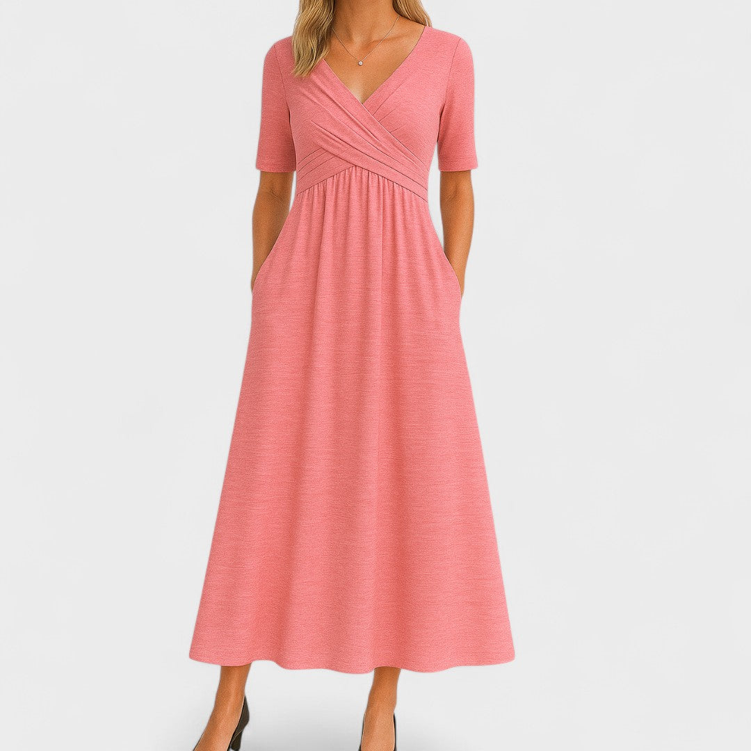 Flattering red V-neck midi dress for women, designed with a chic crossover waist for an elegant look.