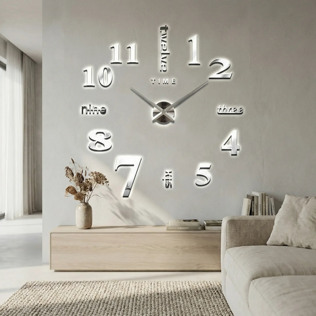 Large decorative mirror effect wall clock for modern living room decor. Silent quartz movement, reflective art piece.