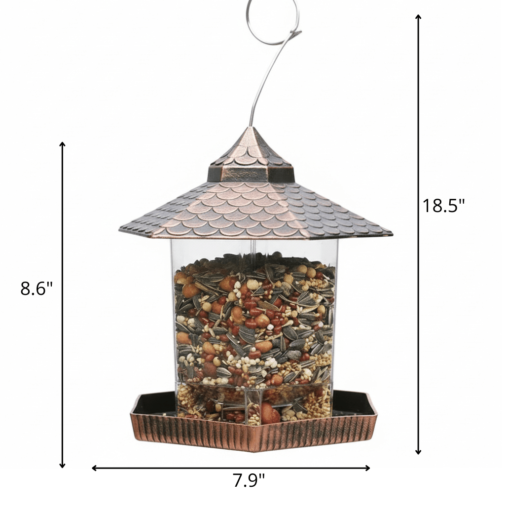 Copper finish hanging bird feeder for outdoor garden. Elegant design, perfect for attracting backyard wildlife.
