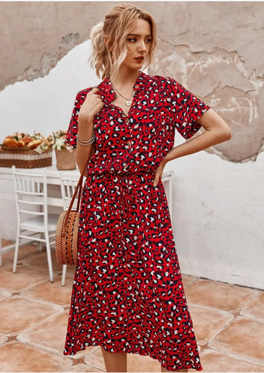 Fashionable spring midi dress with all-over spotted print and classic button-down front for women.