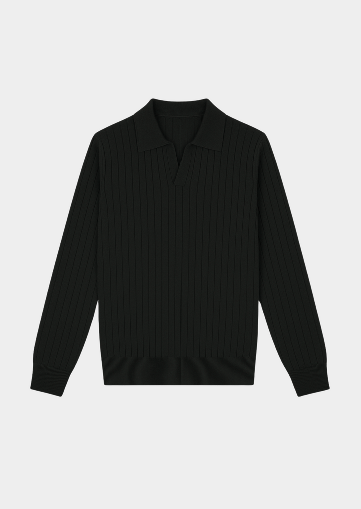 Versatile men's black ribbed knit polo sweater. Smart casual long sleeve top for modern style.