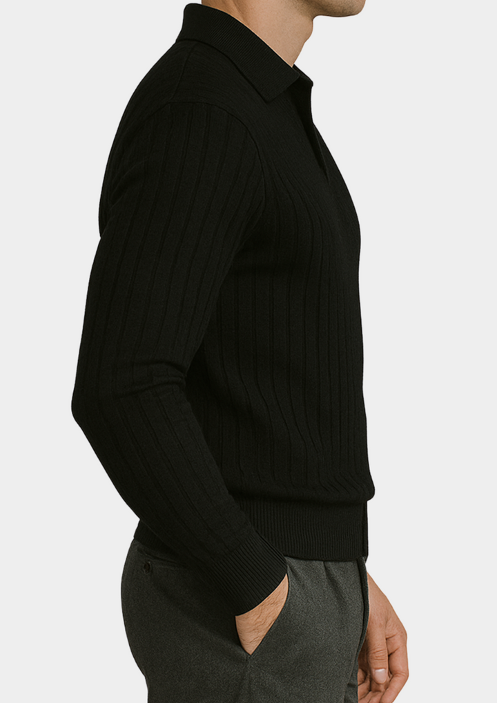 Stylish men's black ribbed knit polo sweater. Long sleeve, smart casual top ideal for modern men's fashion.