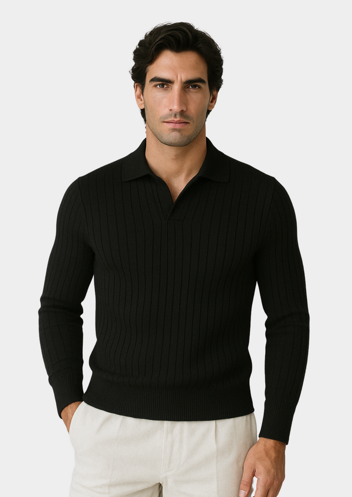 Men's black ribbed polo sweater. Long sleeve knit top with open collar. Smart casual modern style.