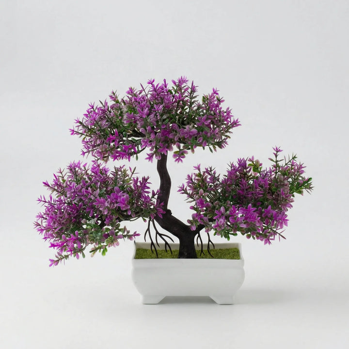 Peaceful green & white mini sculpted tree, artificial plant enhances desk & shelf decor.