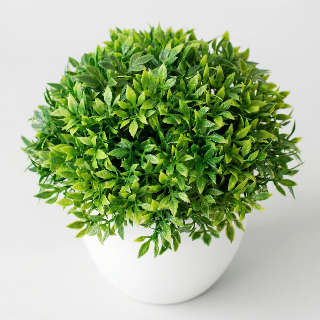 Delicate mini tree, sculpted artificial plant in green & white, peaceful home accent.