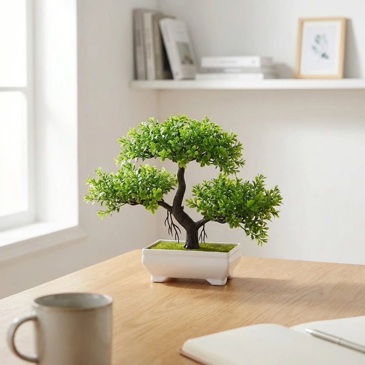 Mini sculpted tabletop tree for peaceful desk decor; artificial plant in green & white hues.