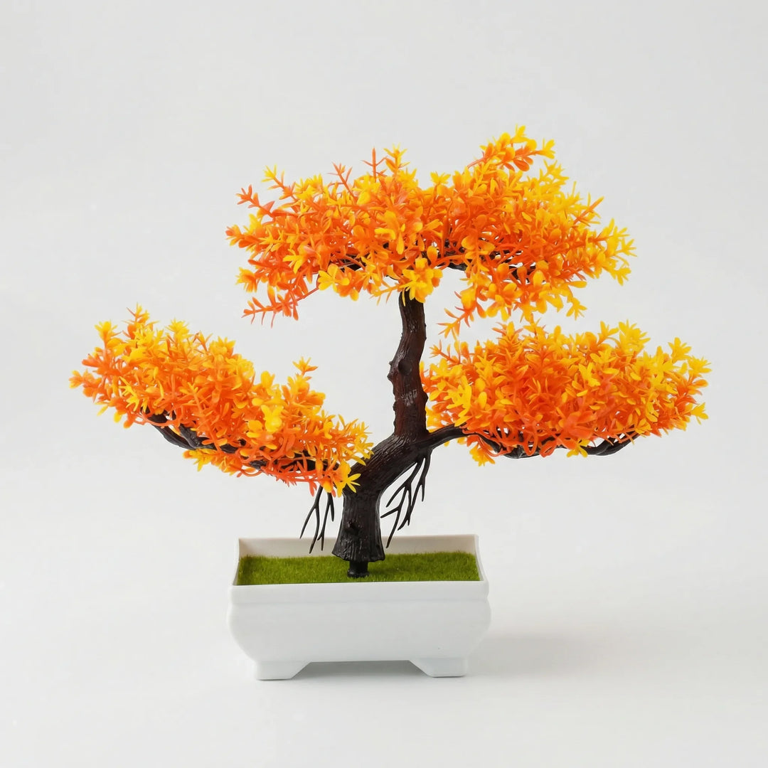 Small sculpted green & white tree, perfect mini faux plant for office or bedroom decor.