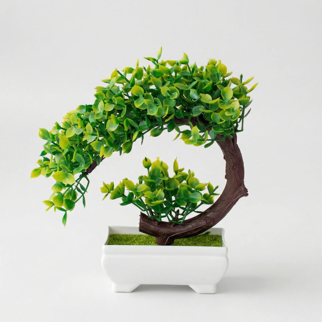 Modern mini tabletop tree, sculpted faux plant in green & white for contemporary decor.
