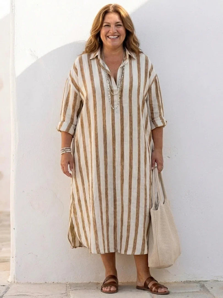 Fashionable women's long-sleeve striped midi shirt dress. A versatile, effortless piece for any wardrobe.