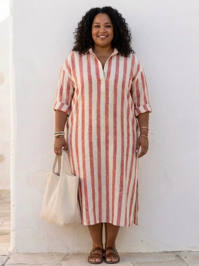 Women's button-front, long-sleeve striped midi shirt dress. Relaxed fit for casual and office versatility.