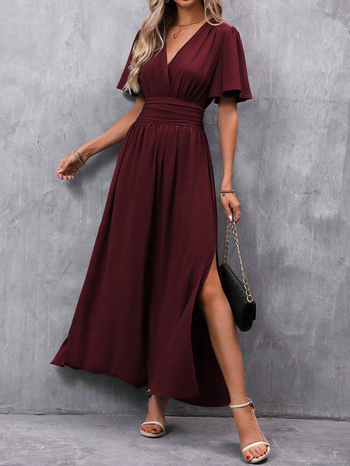 Women's elegant V-neck maxi dress with flutter sleeves, perfect for stylish summer vacations & comfortable party wear.