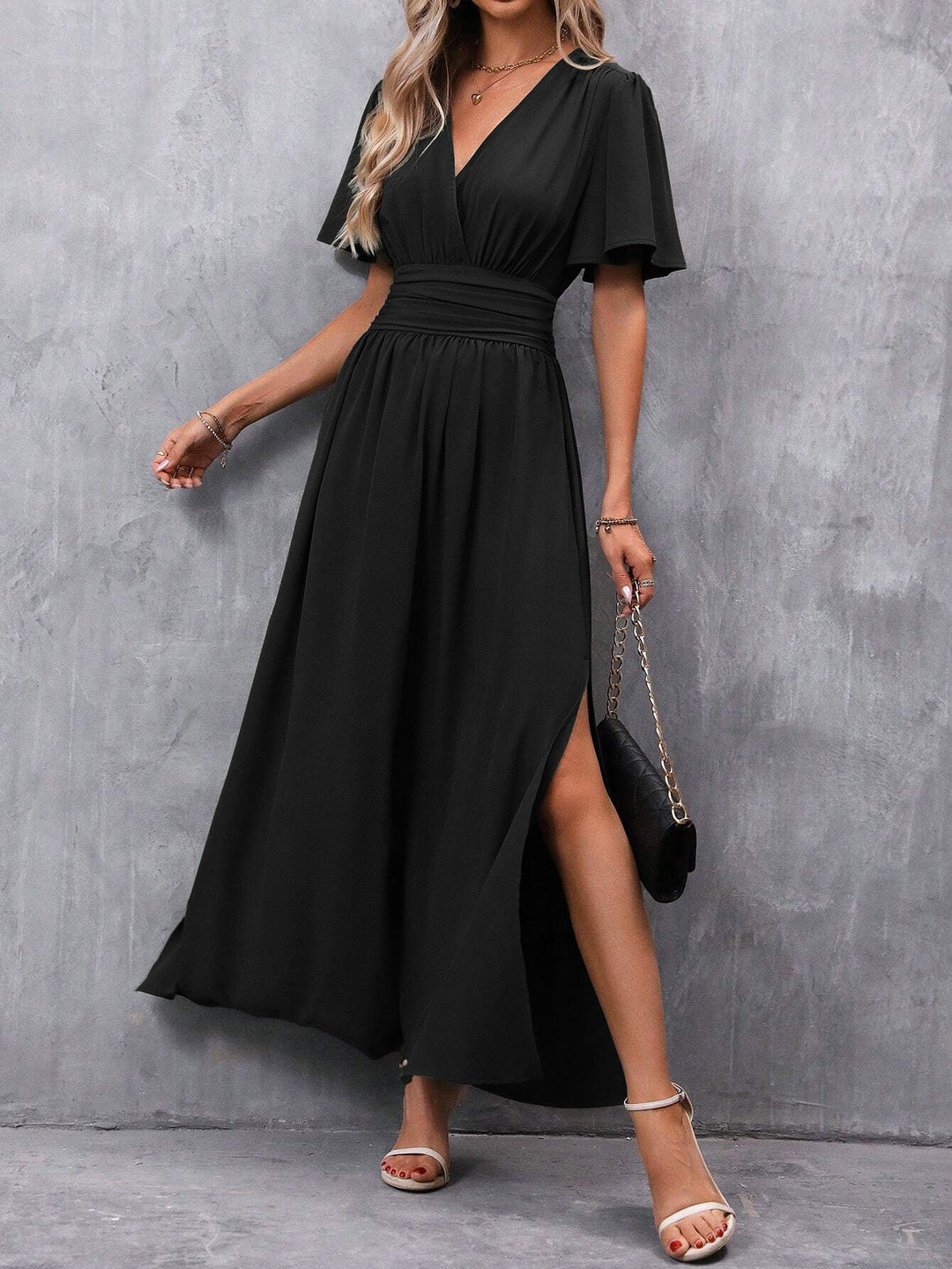 Elegant women's V-neck maxi dress with flutter sleeves, perfect for summer vacations & casual chic style.