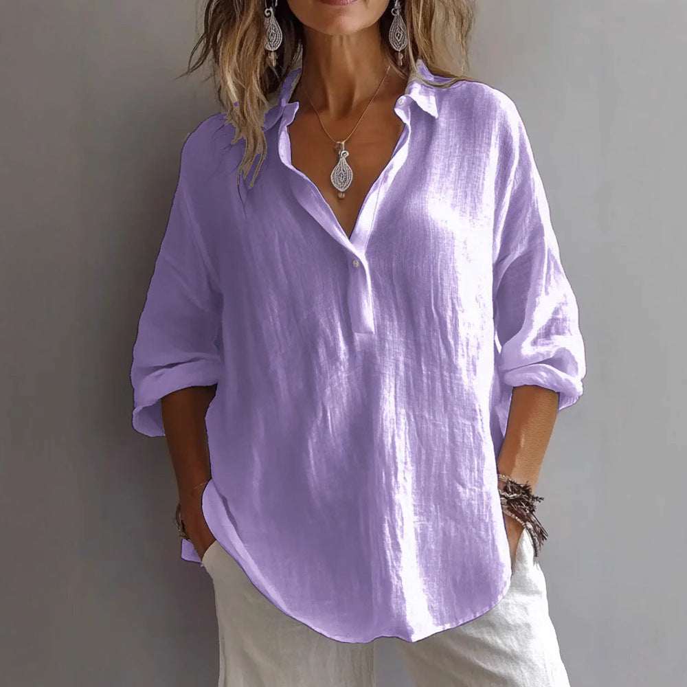 Sophisticated women's button-down shirt, wide sleeves, relaxed fit, suitable for office & casual.