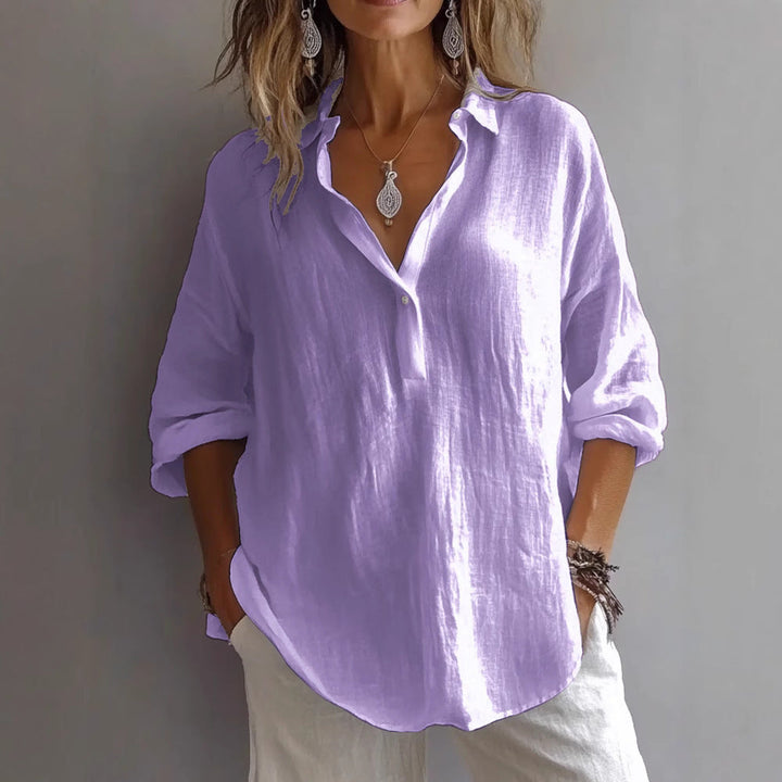Stylish women's wide sleeve button-down top, relaxed fit, comfortable for daily wear.
