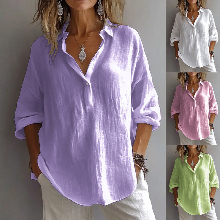 Comfortable women's button-down blouse, wide sleeves, versatile for summer fashion and everyday wear.