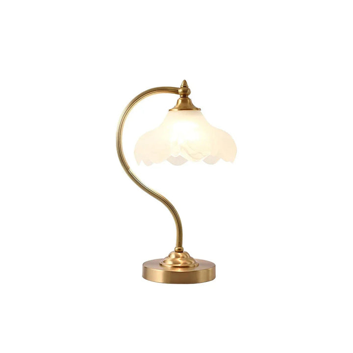 Dimmable gold & glass table lamp with a beautiful floral design, ideal for bedside lighting.