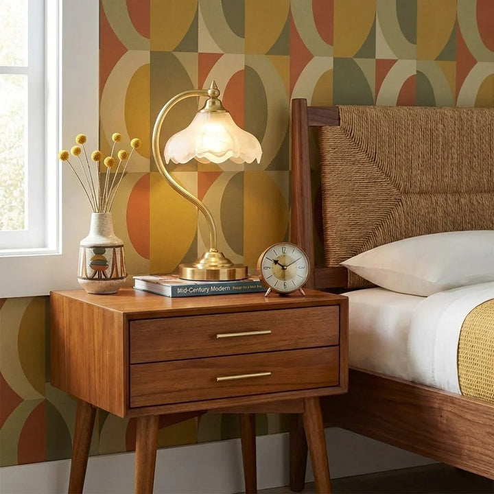 Stylish floral glass desk lamp with a gold base & dimmable control for perfect ambiance.