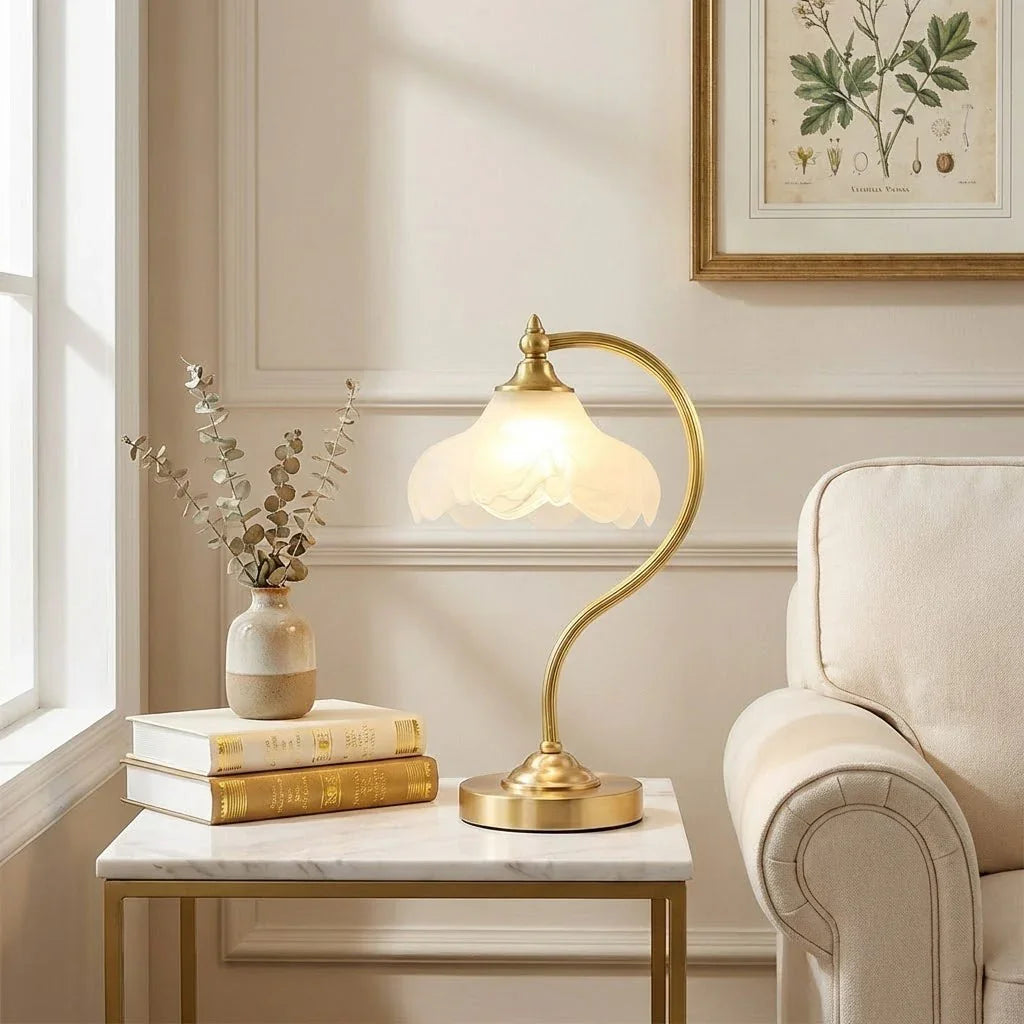 Elegant floral glass table lamp with dimmable feature, perfect for modern home decor.