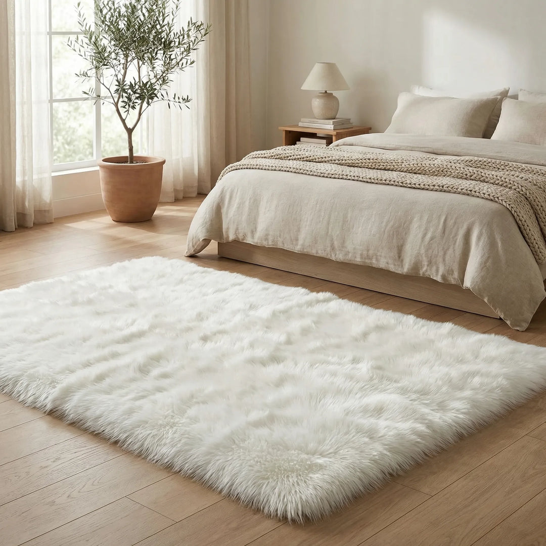 Luxurious plush area rug, soft & comfy, perfect for adding warmth to any bedroom or living room space.