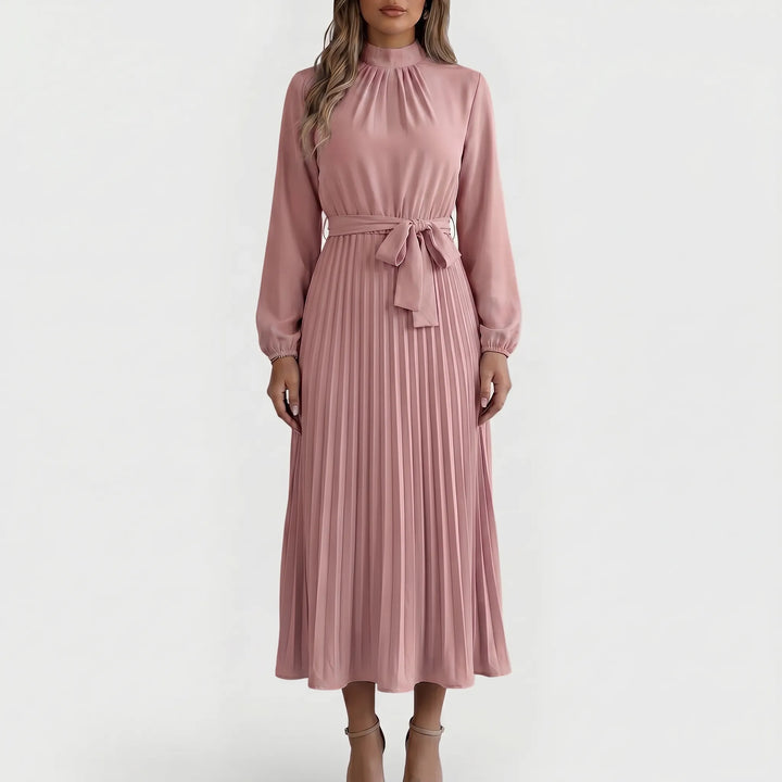 Elegant women's long-sleeve pleated midi dress, perfect for sophisticated style, office, or special occasions.