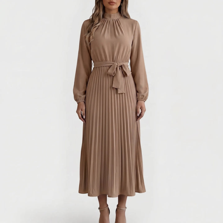 Pleated midi dress for women, long sleeves & tie waist for a smart, elegant, and modest look. Versatile office wear.