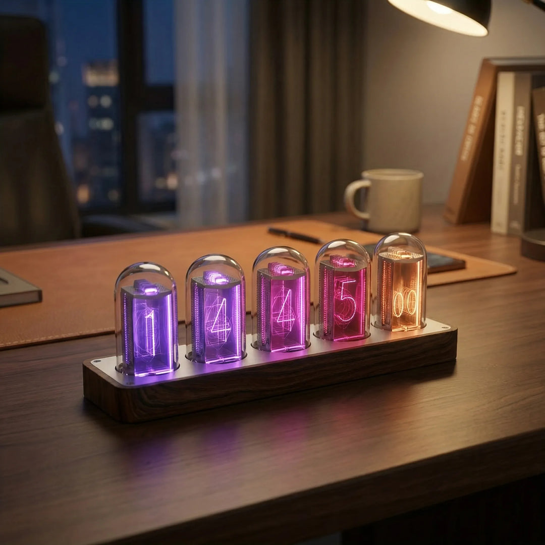 Retro digital desk clock with vibrant pixel display, auto-sync function. Perfect tabletop decor for home or office.