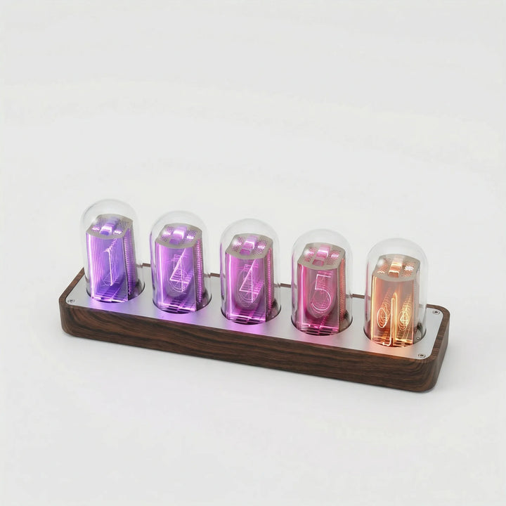 Elegant retro digital tabletop clock with clear pixel display, automatic time sync, enhancing any home or office space.
