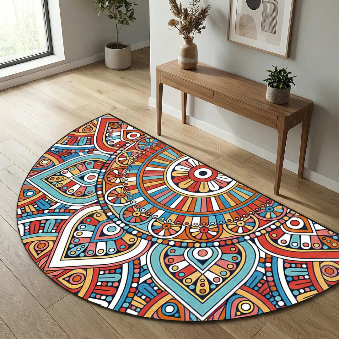 Modern round area rug, Flowique wave pattern. Washable floor mat for easy maintenance.