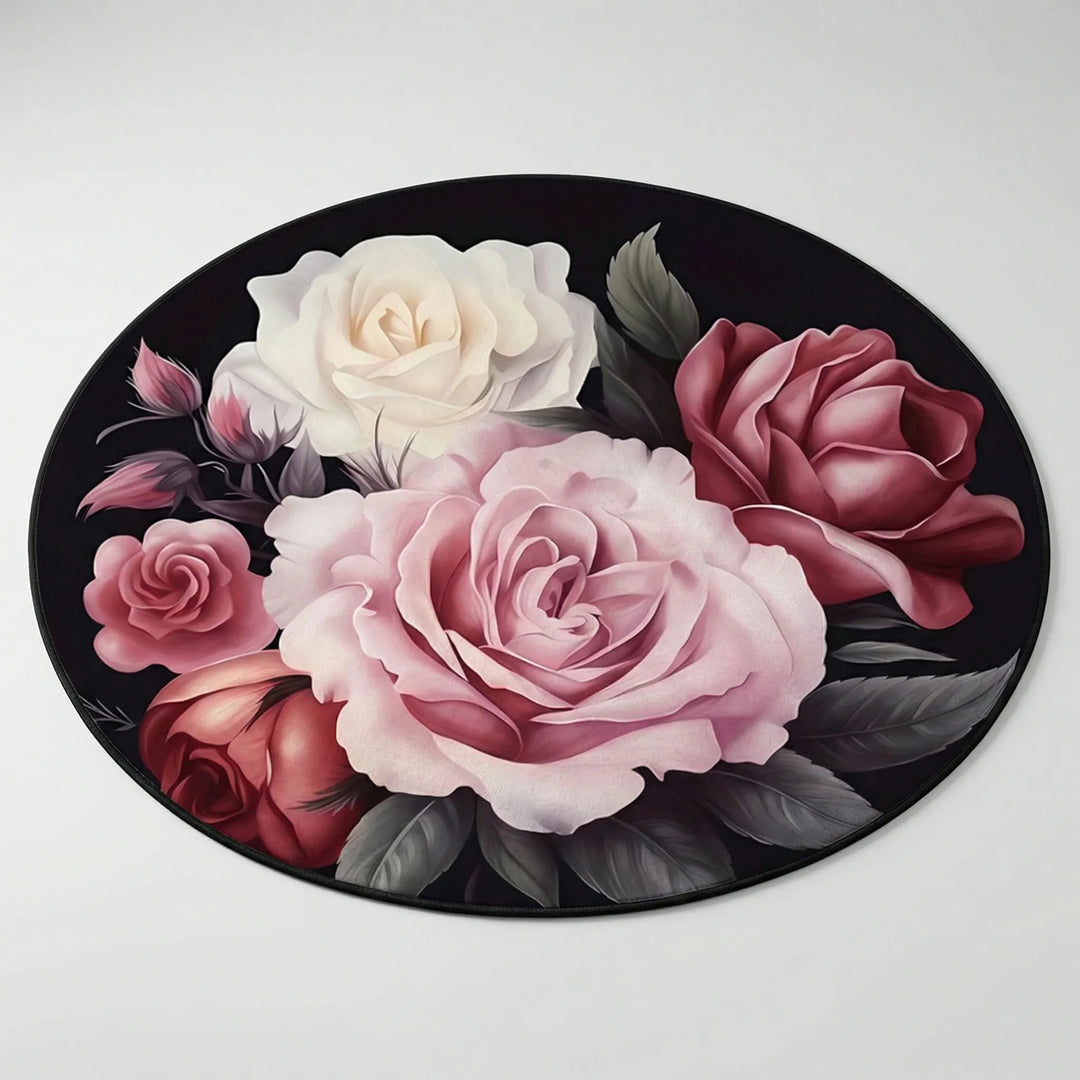 Statement round floral area rug with elegant wave pattern. Plush non-slip floor accent for living room or bedroom decor.